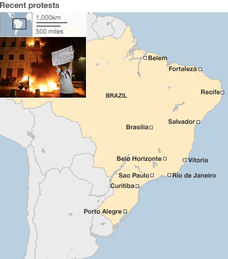 Some of the cities where major protests have occurred in Brazil, June 2013.
